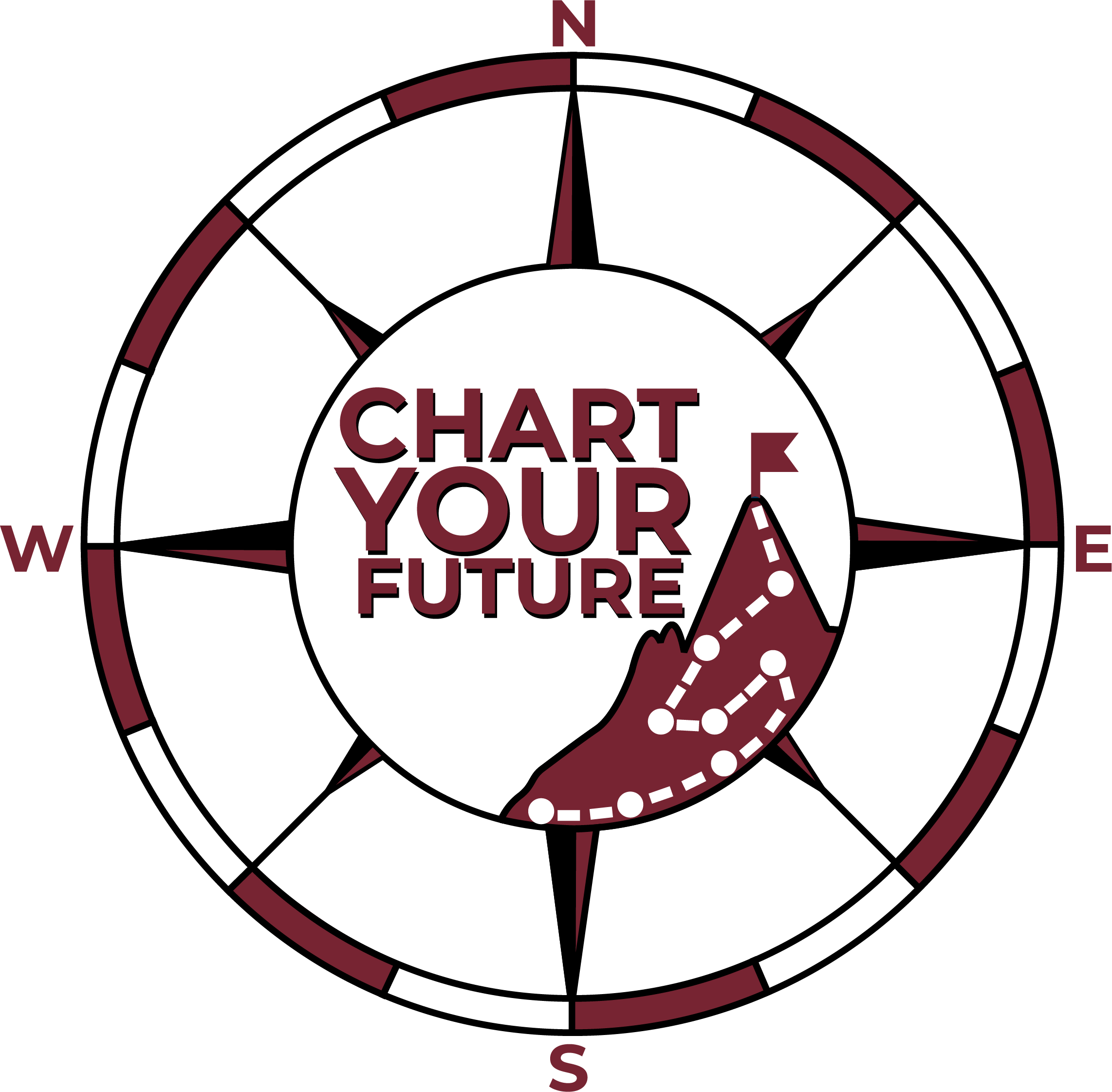 District 60 Annual Conference Logo in True Maroon - A circular compass with Chart Your Future printed at the center and a trekking mountain range with a flag on top